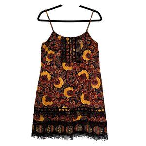 Anna Sui Lace Trim Paisley Floral Cotton Mini Dress Size S Sunshine Fall Boho